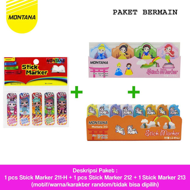 MONTANA Paket Bermain Sticky Note Kertas Memo Tempel 3 Pak Stick Marker Motif Random 211H+212+213