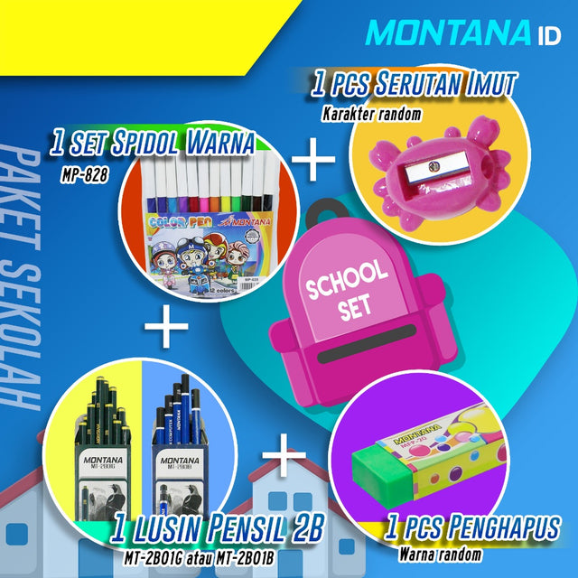 MONTANA Pensil 2B Pencil + Spidol Marker 828 + Serutan Sharpener + Penghapus Eraser