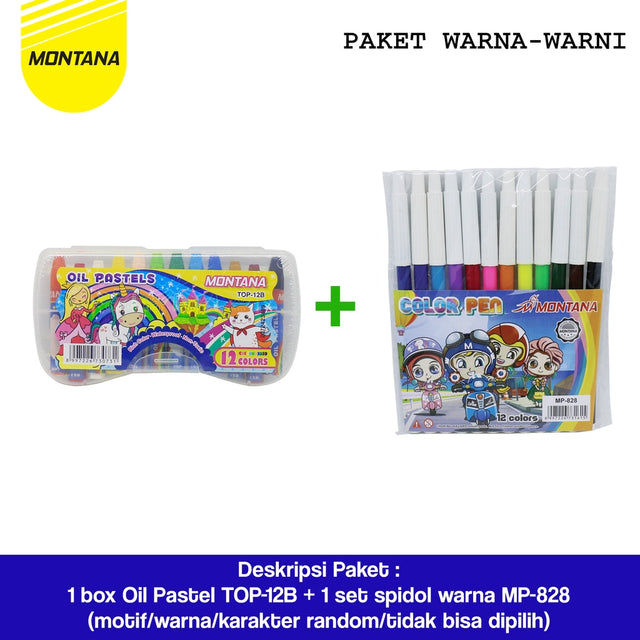 MONTANA Paket Mewarnai 1 Box Crayon dan Spidol 12 Warna Color Pen Drawing Marker Top-12B + MP828