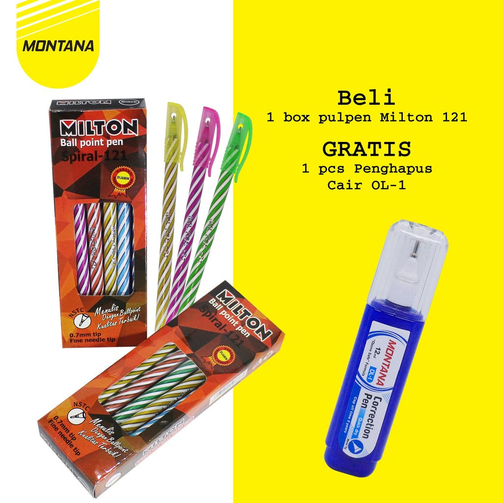 MONTANA Buy 1 Get 1 Pulpen Pena Milton 121 Ball Point Pen 0.7mm Free 1 Pcs Correction Fluid