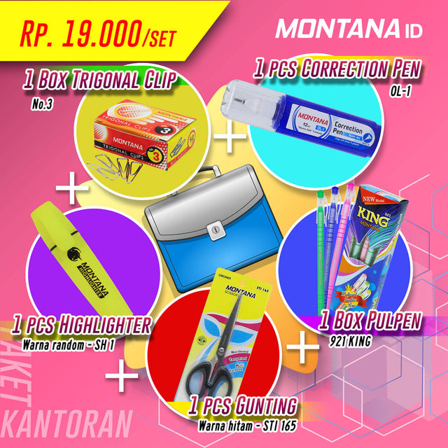 MONTANA Paket Set Alat Tulis Kantor Clips + Correction + Pen + Highlighter + Gunting + Pulpen