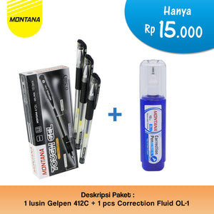 MONTANA Bundling Pulpen Pena 0.5mm 1 Lusin Ballpoint Pen Free 1Pcs Correction Fluid 412-C + OL-1