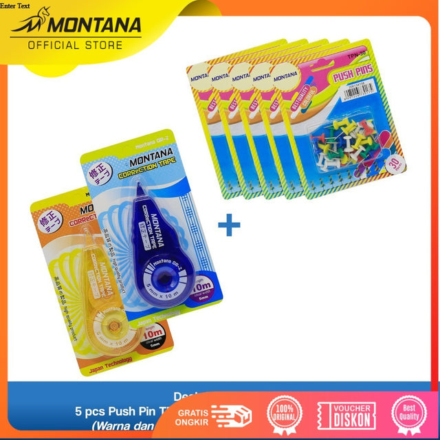 MONTANA Bundling Jarum Tekan Push Pin 5 Pack and Correction Tape 10 m x 5 mm 3 Pcs TPN-30 + OR-2
