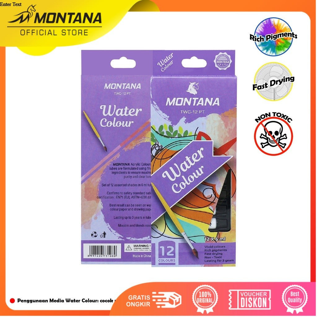 MONTANA Water Color Cat Air 12 Warna x 6ml High Grade Pigments Nont Toxic TWC12-PT