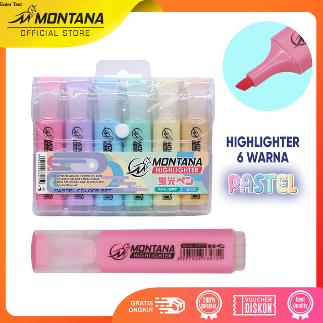 MONTANA Highlighter Pastel Set 6 Warna Colors MHL-6FL Penanda Berwarna Textliner Pastel