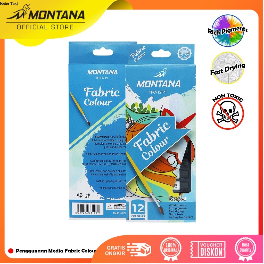 MONTANA Fabric Colour Cat Kain 12 Warna x 6ml Smooth Rich Colors & Pigments TFC-12PT