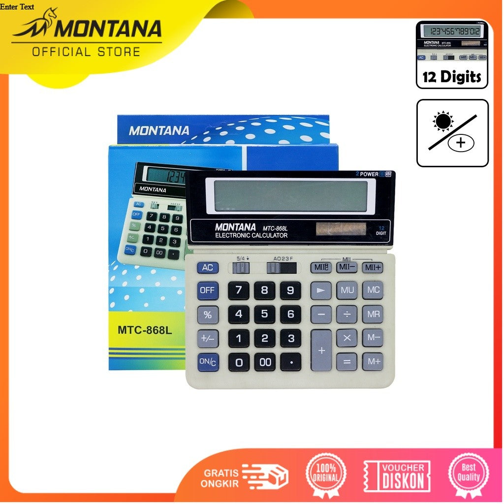 MONTANA Kalkulator Alat Hitung 12 Digit Electronic Calculator Big Display 2 Power MTC-868L