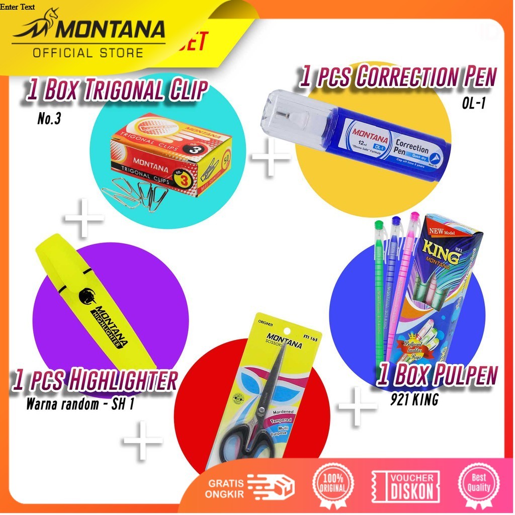 MONTANA Gunting Stainless + Highlighter + Tipe-X + 1 Box Ballpoint + Paper Clip Kertas