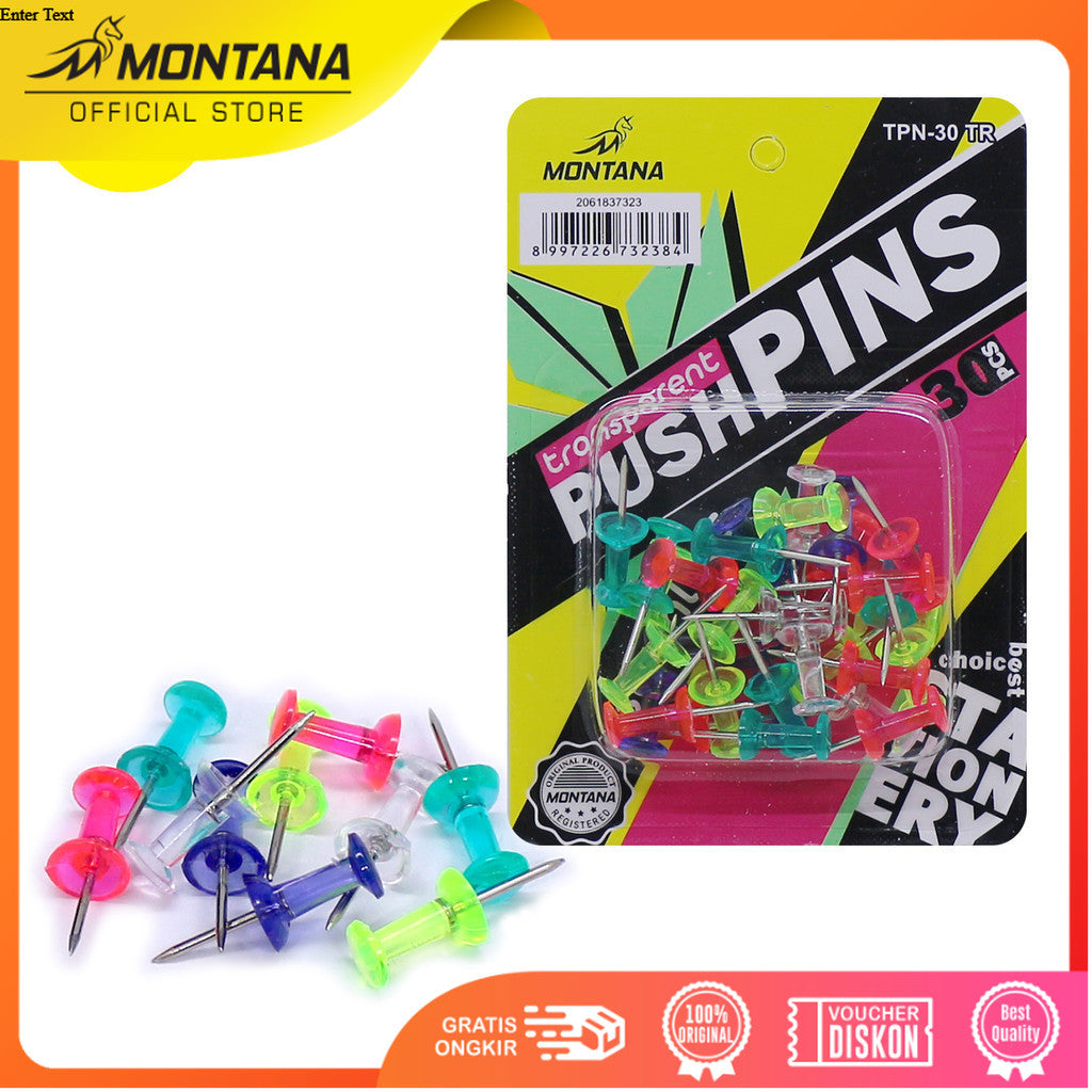 MONTANA Transparent Push Pin Jarum Tekan 30 Pcs Stainless Paku Pin Multiwarna TPN-30-TR/Box