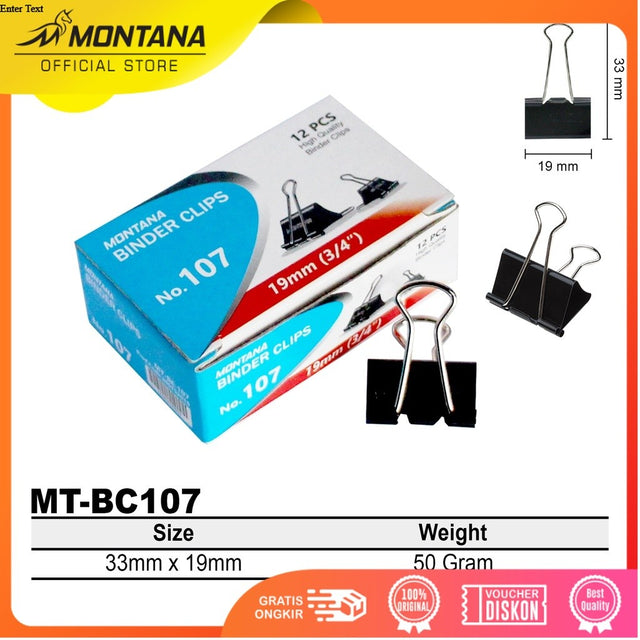 MONTANA Binder Clip Penjepit Kertas 33x19 mm 12 Pcs Paperclip Klip Serbaguna MT-BC107
