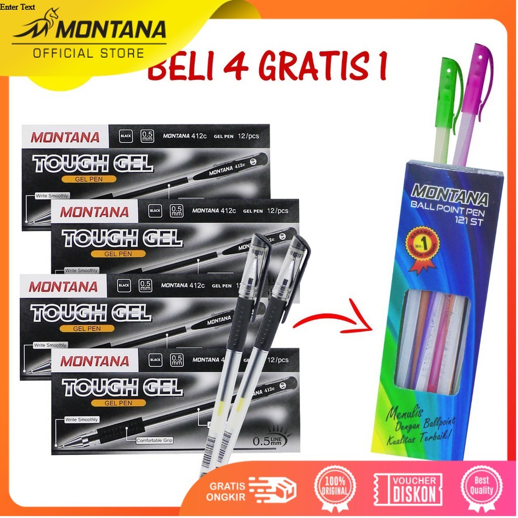 MONTANA Bundling Tough Gel Puplen 4 Lusin Gratis 1 Lusin Ballpoint Pen 0.7mm Fine tip Alat Tulis