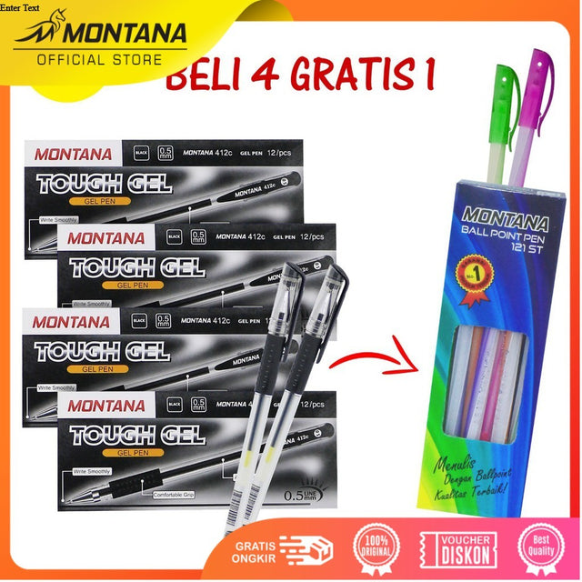 MONTANA Bundling Tough Gel Puplen 4 Lusin Gratis 1 Lusin Ballpoint Pen 0.7mm Fine tip Alat Tulis