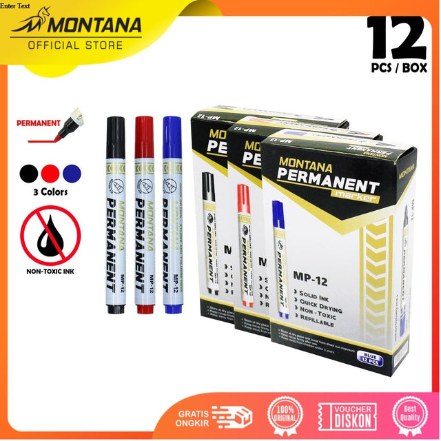 MONTANA Spidol Permanen Round Tip 12 Pcs Quick Dry Permanent Marker MP-12/Lusin Hitam