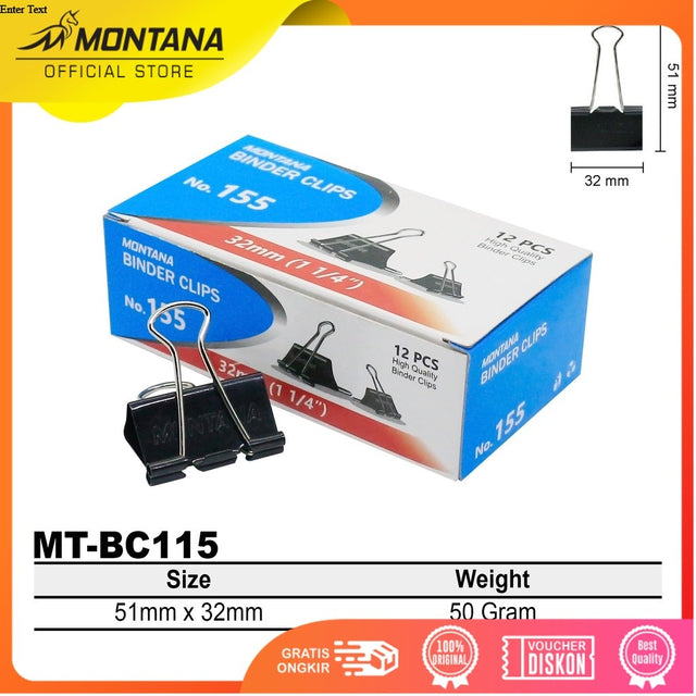 MONTANA Binder Clip Penjepit Kertas 51x32 mm 12 Pcs Paperclip Klip Serbaguna MT-BC155