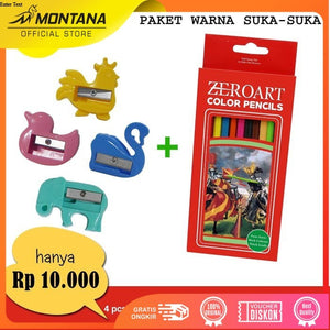 MONTANA Paket Pensil Warna TH-700 + Rautan Serutan Pensil 4 Pcs Sharpener Motif Animal TSJ-24