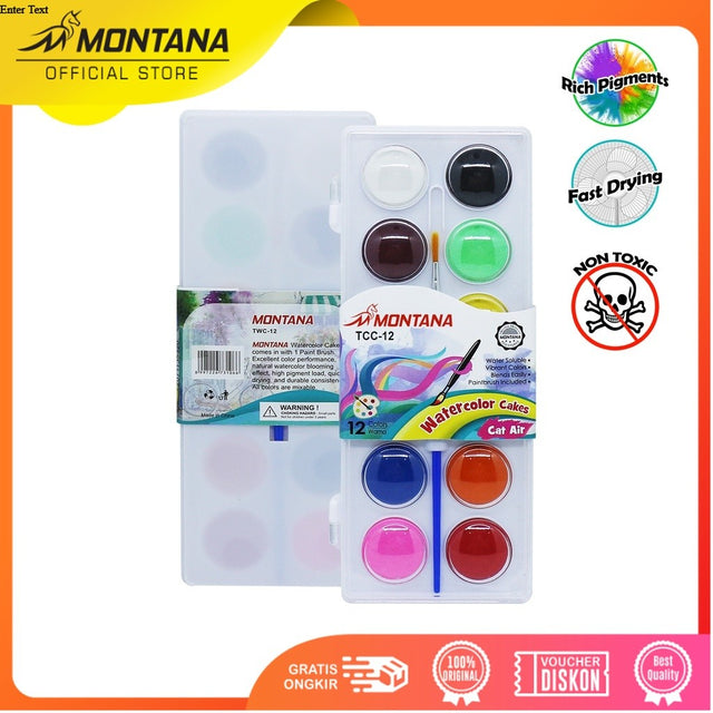 MONTANA Water Color Cakes Cat Air 12 Warna Water Soluble Pointbrush Included TWC-12