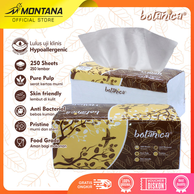 MONTANA X BOTANICA Facial Tissue 250 Sheets 2Ply  Tisu Wajah Halus dan Lembut 100% Virgin Pulp