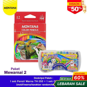 MONTANA Paket Mewarnai 2 Oil Pastel 1 Set Crayon + 1 Set Pensil Warna TH-350 + TOP-12B